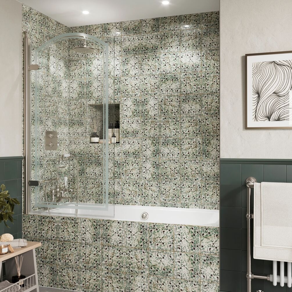 Lifestyle image of Burlington Classique Brushed Nickel Curved Hinged Bath Screen